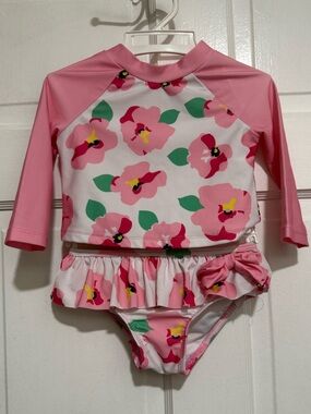 12 Month Crown and Ivy 2 Piece Swimsuit Rash Guard Floral Pink Summer Beach